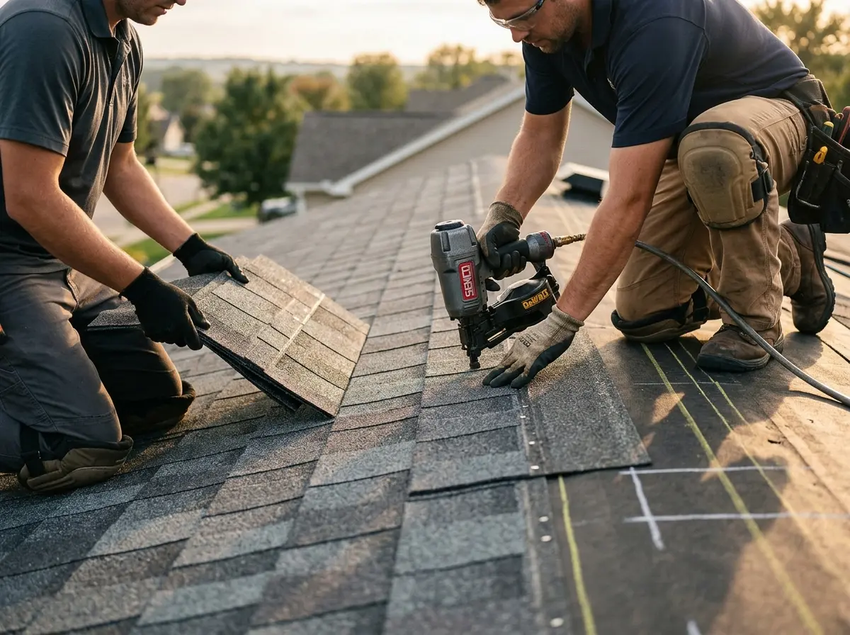 Professional roofer working on a residential roof in Oakleaf Plantation